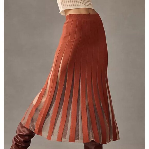 En Saison Brianna Pull On Midi Skirt Size XS Sheer Knit Stretchy Rust Brown New - Picture 1 of 8